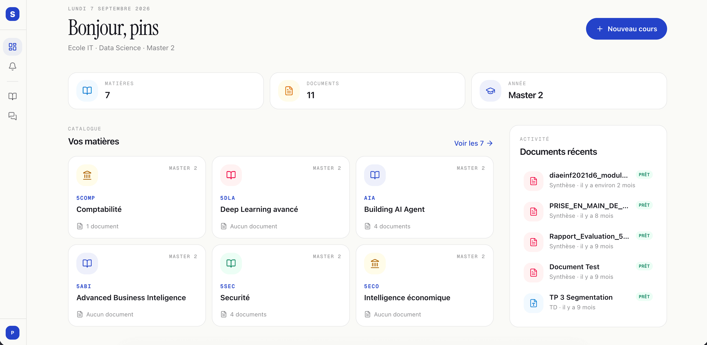 Tableau de bord StudentHub avec matières et ressources récentes
